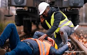 Workplace accident training – injured worker receiving first aid on site